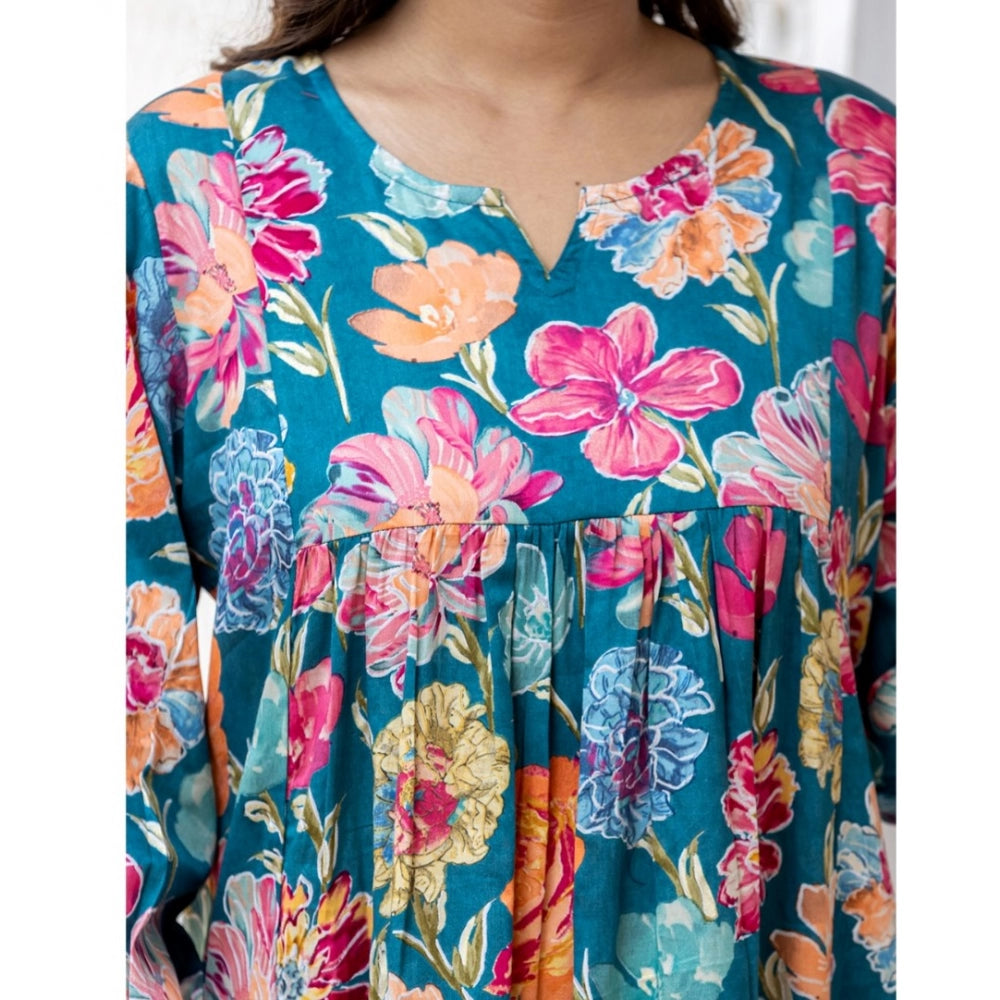 Cotton Printed Full Sleeve Mandarin collar Top (Sea Blue)