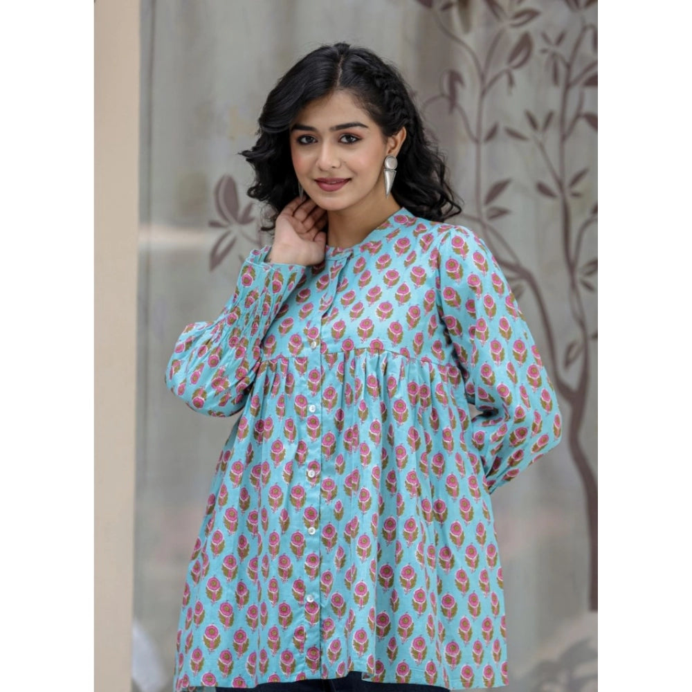 Cotton Printed Full Sleeve Mandarin collar Tunics (Turquoise)