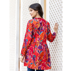 Cotton Printed Full Sleeve Mandarin collar Top (Red)