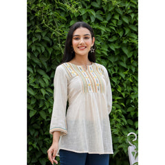 Cotton Embroidered 3/4 Sleeve V-Neck Top (Off White)