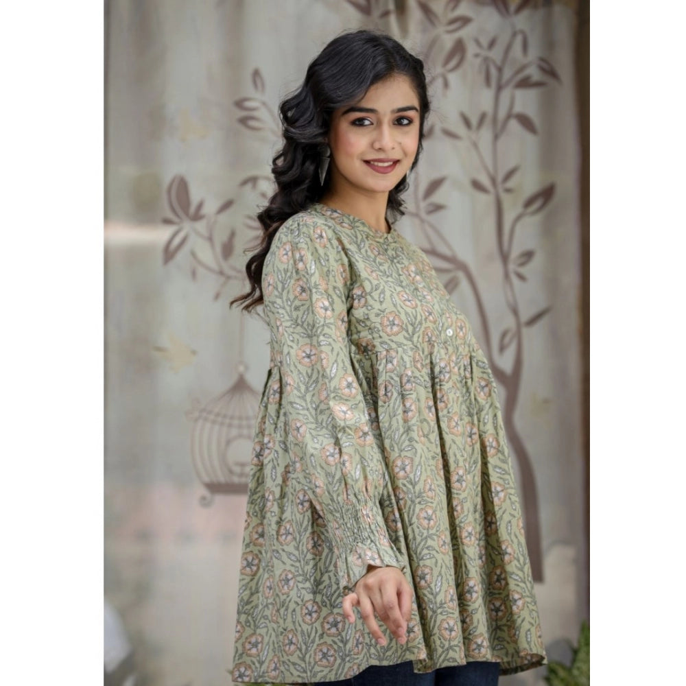 Cotton Printed Full Sleeve Mandarin collar Tunics (Green)