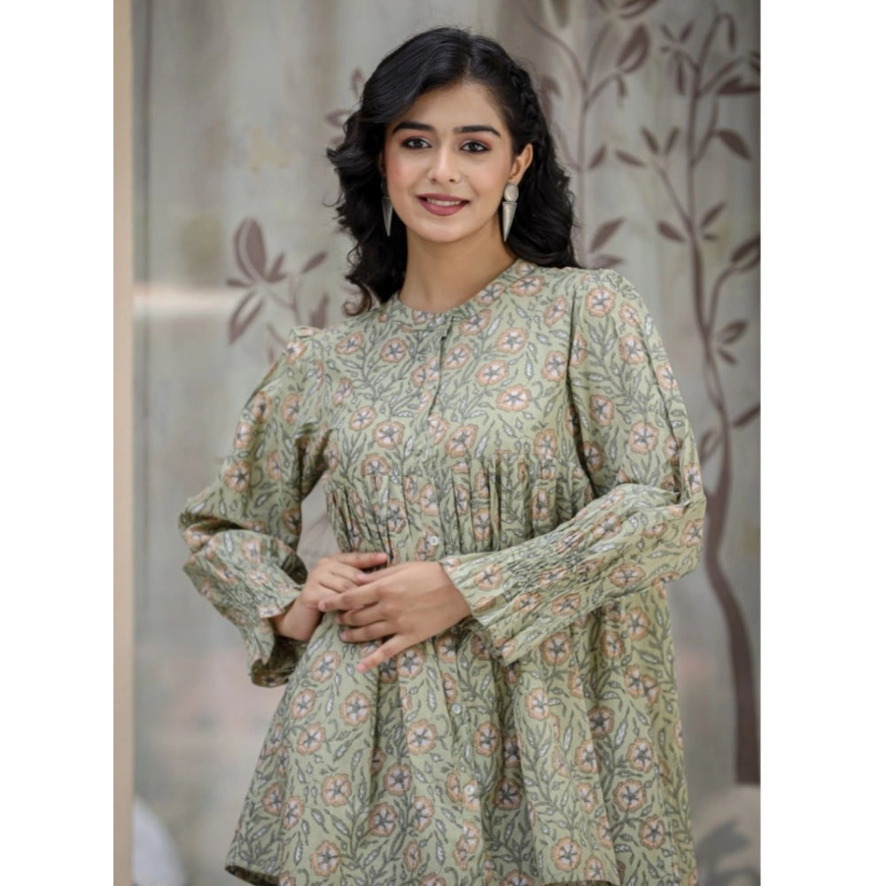 Cotton Printed Full Sleeve Mandarin collar Tunics (Green)