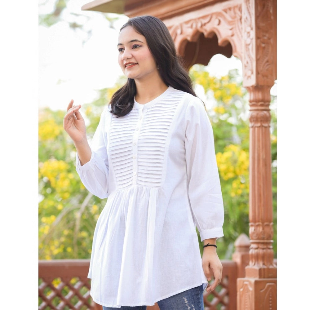 Cotton Solid Full Sleeve Band collar Tunic (White)