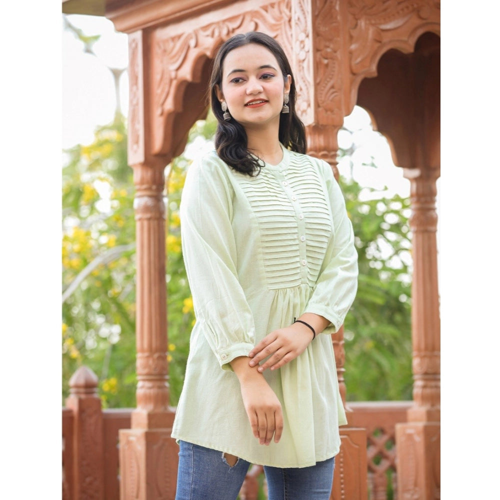 Cotton Solid Full Sleeve Band collar Tunic (Green)