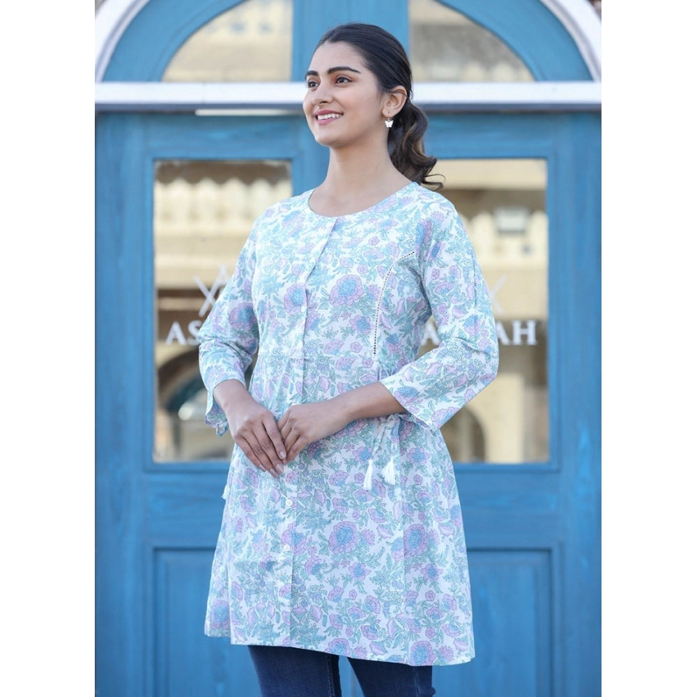 Cotton Printed 3/4 Sleeve Round Neck Tunics (White-Purple)