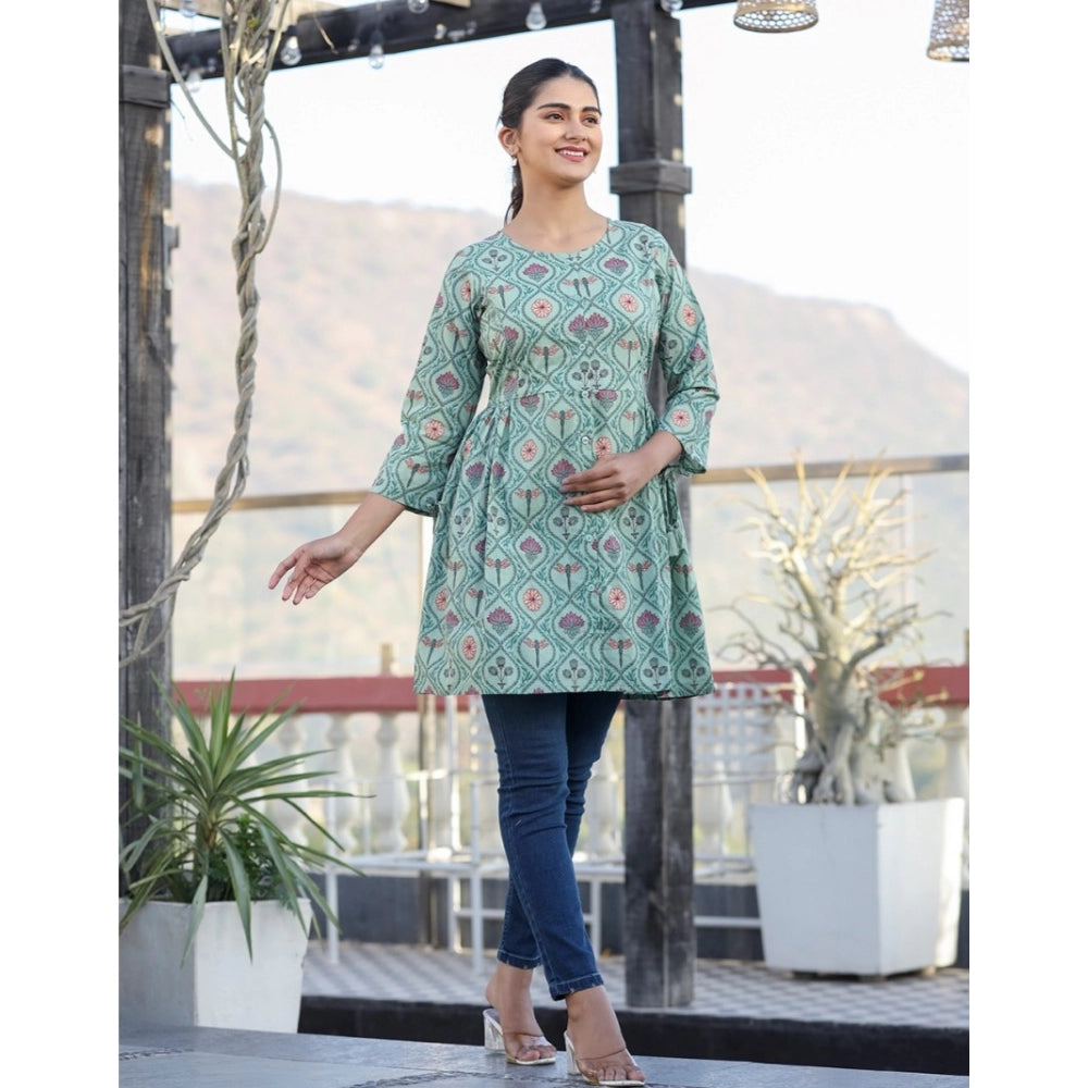 Cotton Printed 3/4 Sleeve Round Neck Tunics (Green)