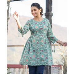 Cotton Printed 3/4 Sleeve Round Neck Tunics (Green)