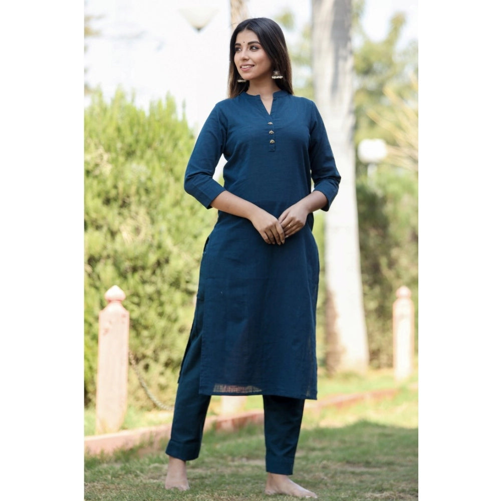 Women's Cotton Solid 3/4 Sleeve Mandarin collar Kurti (Blue)