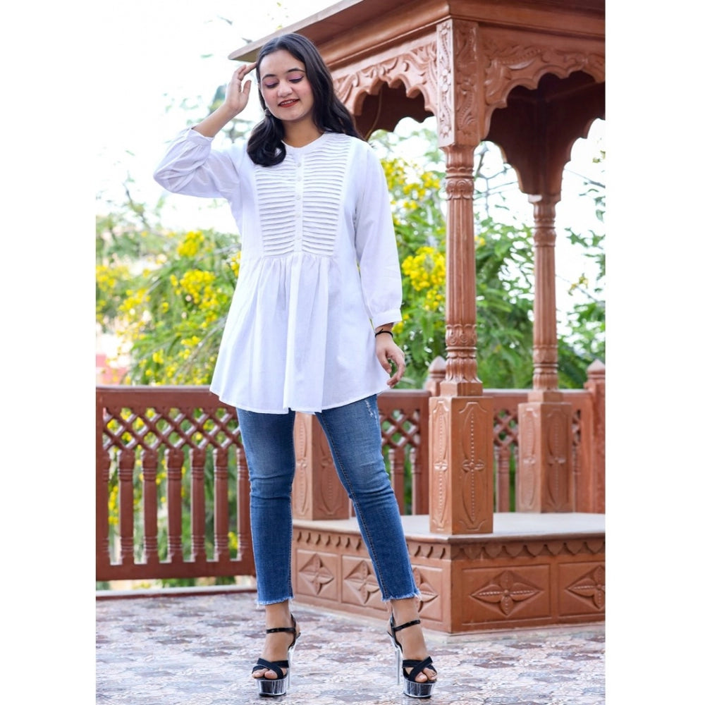 Cotton Solid Full Sleeve Band collar Tunic (White)