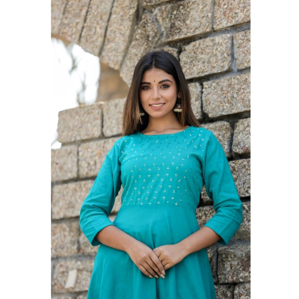 Women's Cotton Solid 3/4 Sleeve Round Neck Kurti (Green)