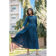 Women's Cotton Solid 3/4 Sleeve Round Neck Kurti (Blue)