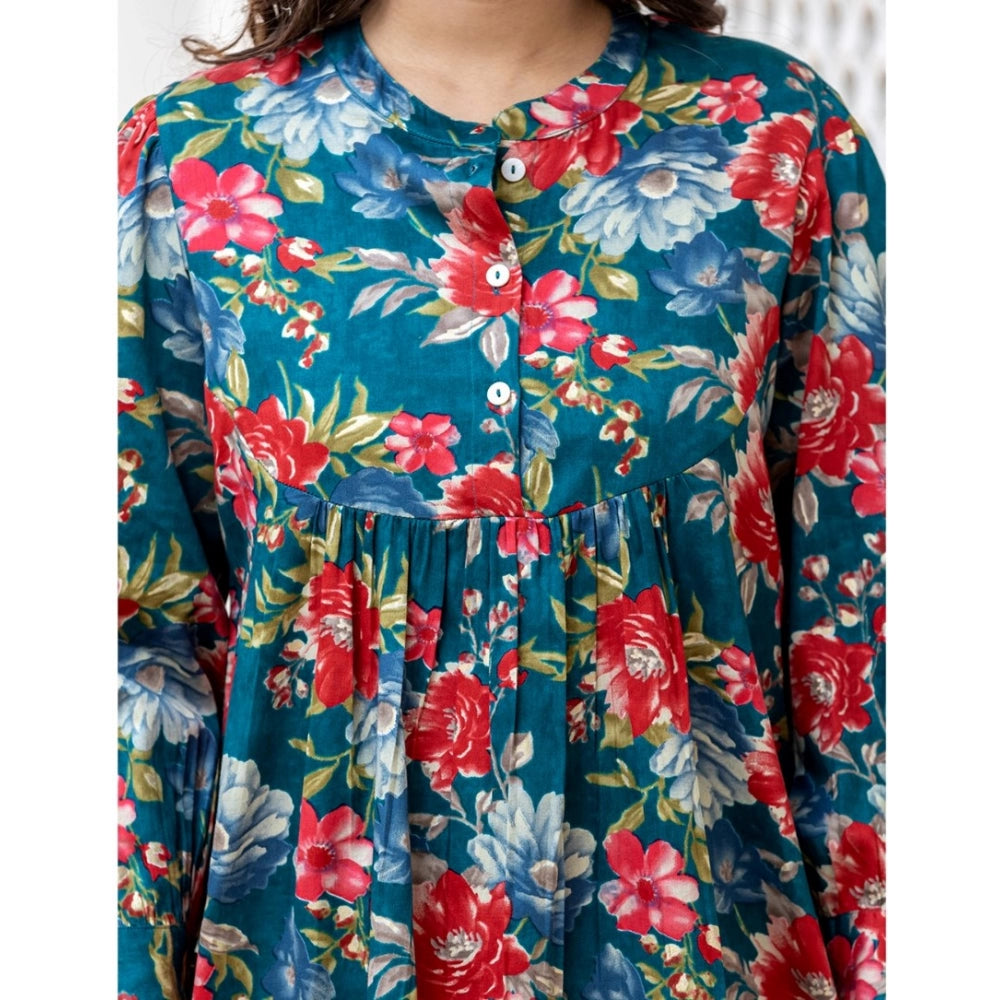 Cotton Printed Full Sleeve Mandarin collar Top (Sea Green)