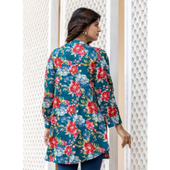 Cotton Printed Full Sleeve Mandarin collar Top (Sea Green)