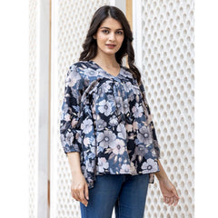 Cotton Printed 3/4 Sleeve V-Neck Top (Black)