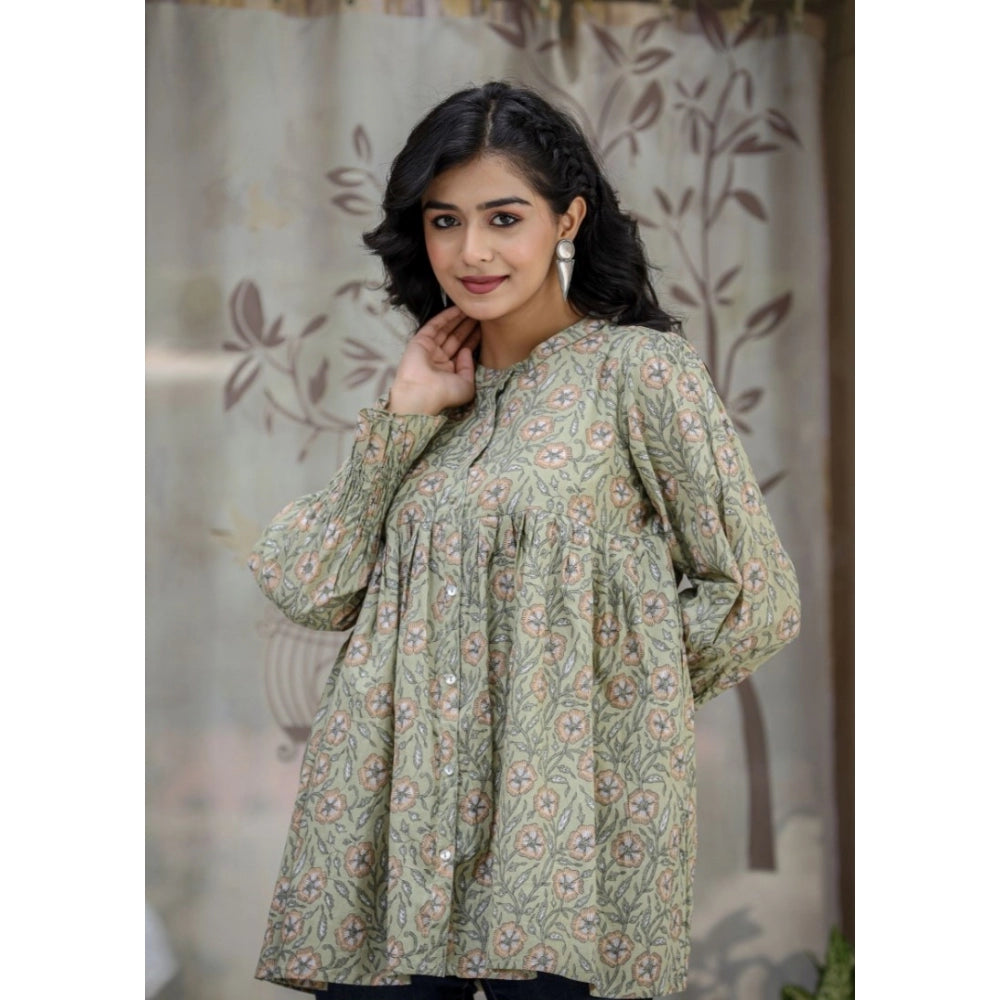 Cotton Printed Full Sleeve Mandarin collar Tunics (Green)