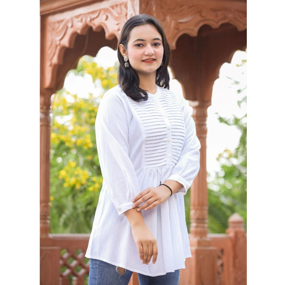 Cotton Solid Full Sleeve Band collar Tunic (White)