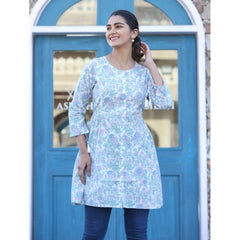 Cotton Printed 3/4 Sleeve Round Neck Tunics (White-Purple)