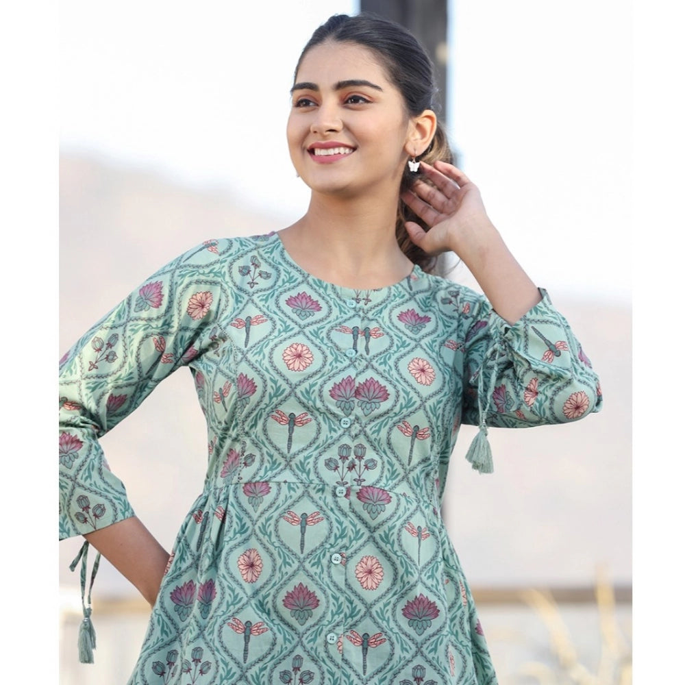 Cotton Printed 3/4 Sleeve Round Neck Tunics (Green)