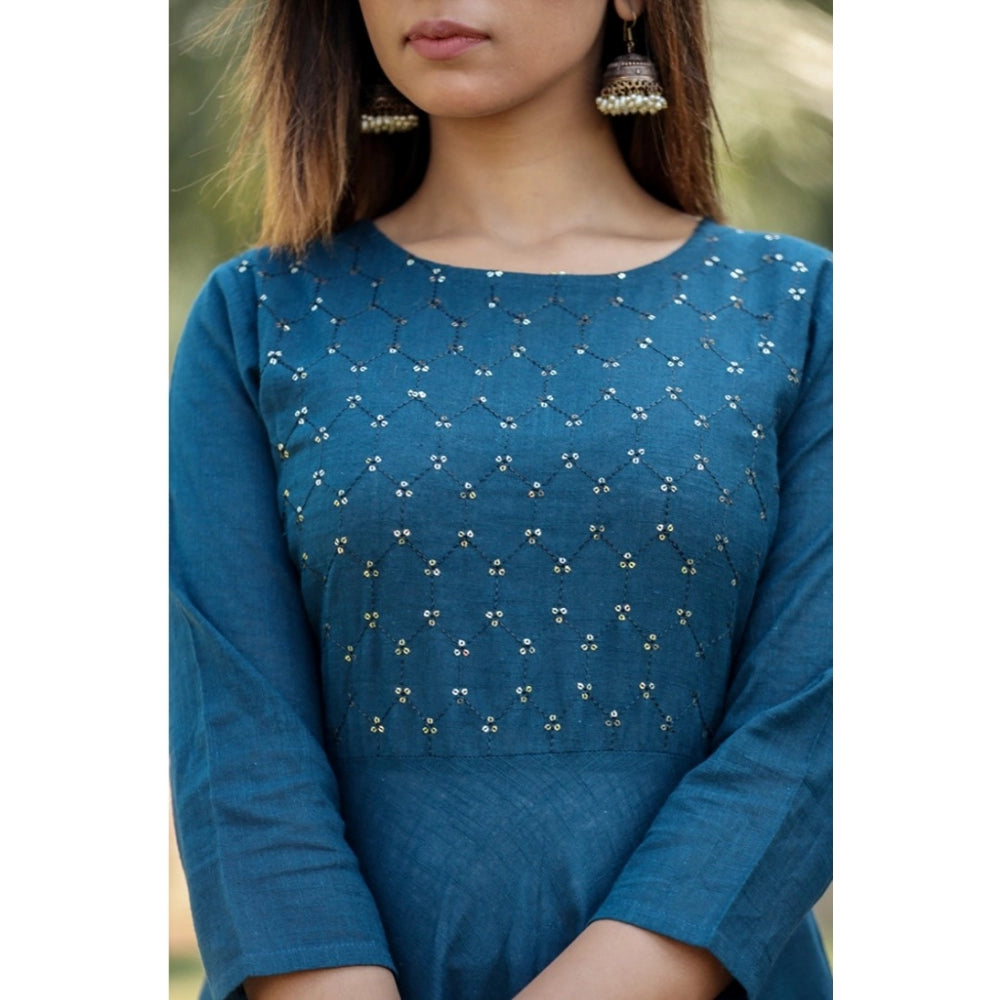 Women's Cotton Solid 3/4 Sleeve Round Neck Kurti (Blue)