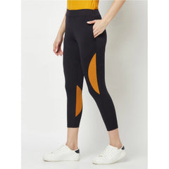 Polyester Lycra Blend Color Block Ankle Length Tights (Black-Yellow)