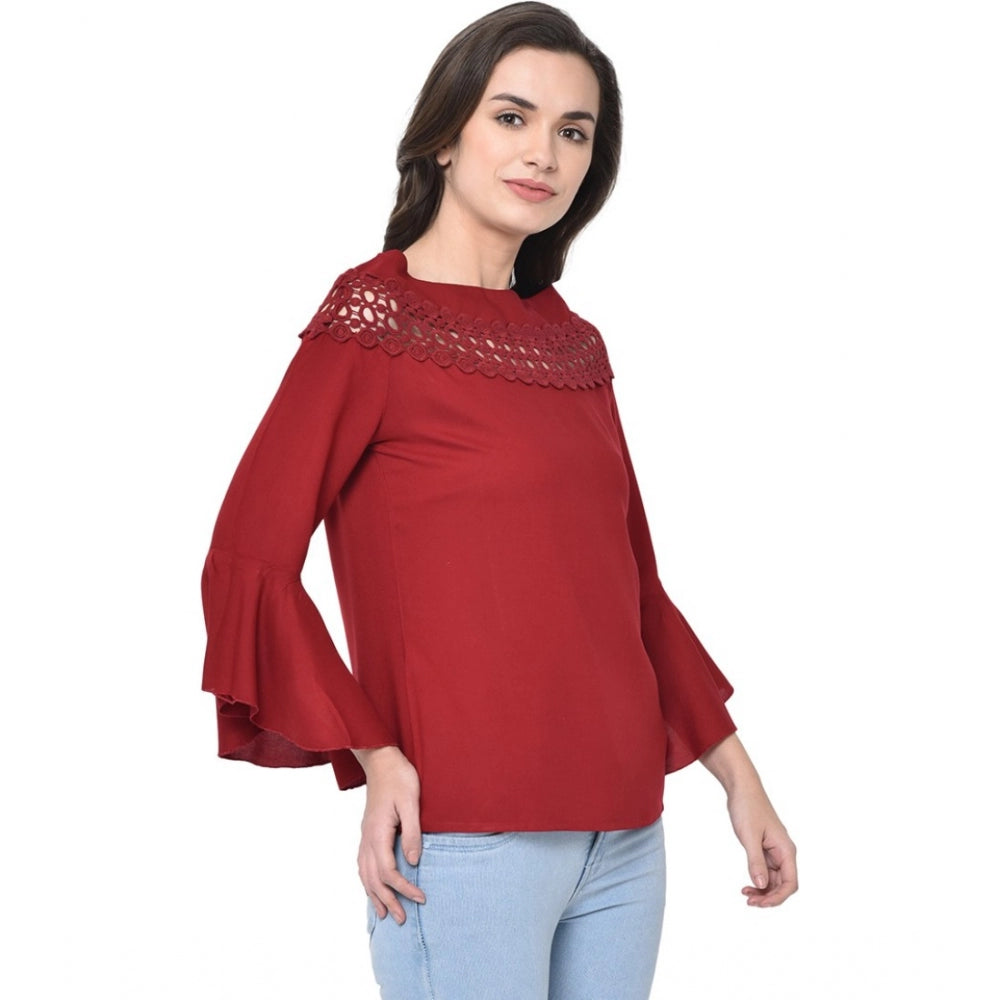 Cotton Blend Solid Regular Sleeves Round Neck Regular Top (Maroon)