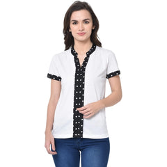 Cotton Blend Solid Regular Sleeves V-Neck Regular Top (White)