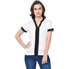 Cotton Blend Solid Regular Sleeves V-Neck Regular Top (White)