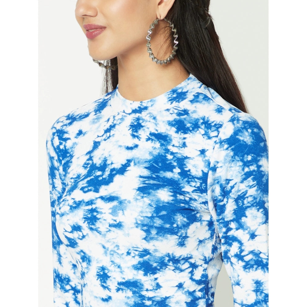 Polyester Self Design Regular Sleeves Round Neck Crop Top (White-Blue)