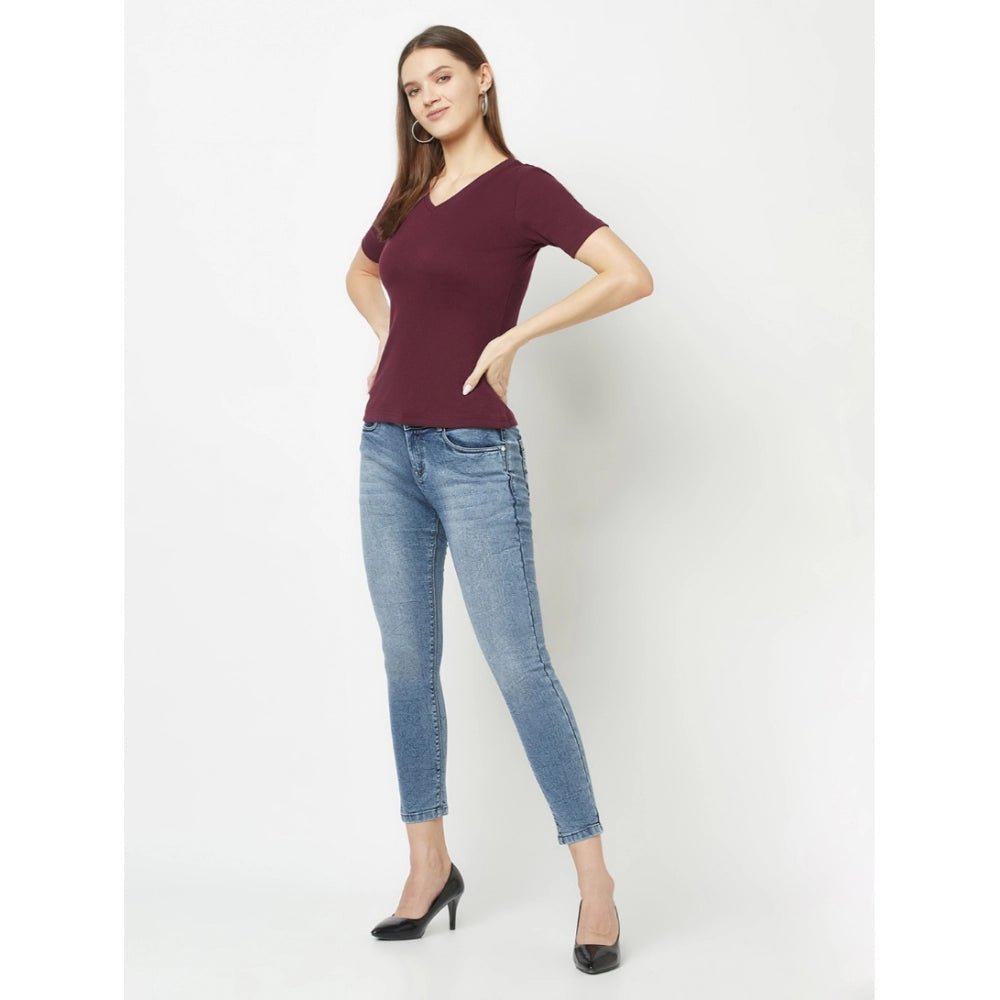 Cotton Blend Solid Regular Sleeves V-Neck Regular Top (Maroon)