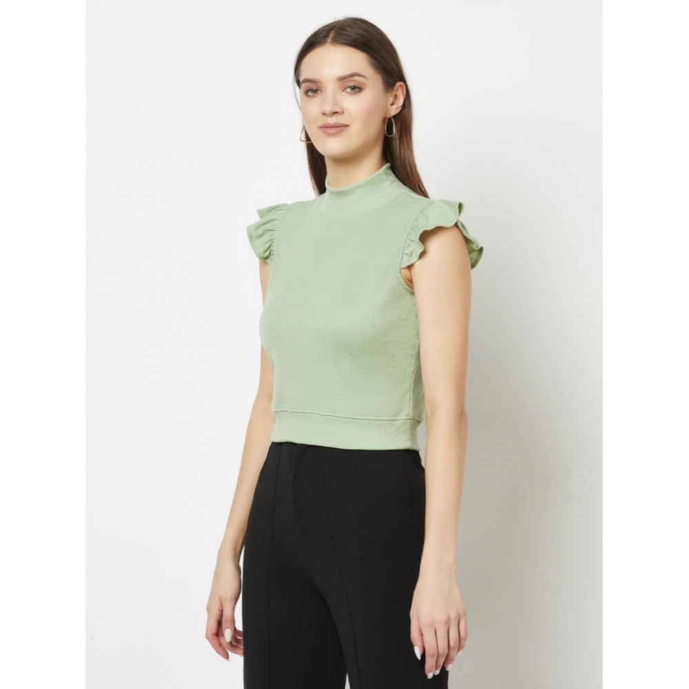 Cotton Blend Self Design Puff Sleeves High Neck Regular Top (Light-Green)