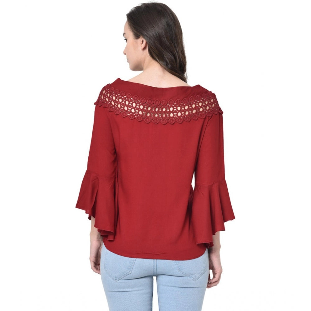 Cotton Blend Solid Regular Sleeves Round Neck Regular Top (Maroon)