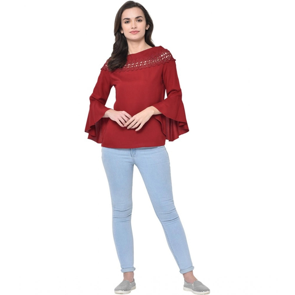 Cotton Blend Solid Regular Sleeves Round Neck Regular Top (Maroon)