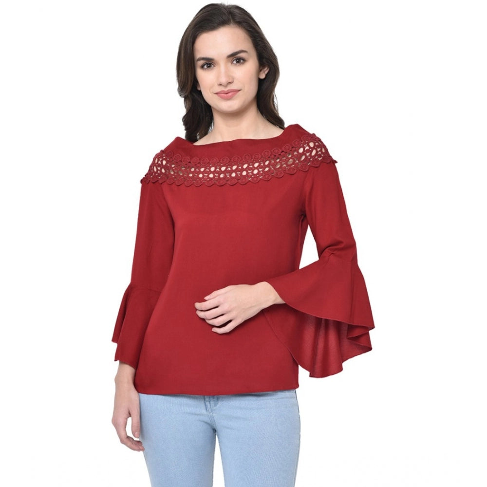 Cotton Blend Solid Regular Sleeves Round Neck Regular Top (Maroon)