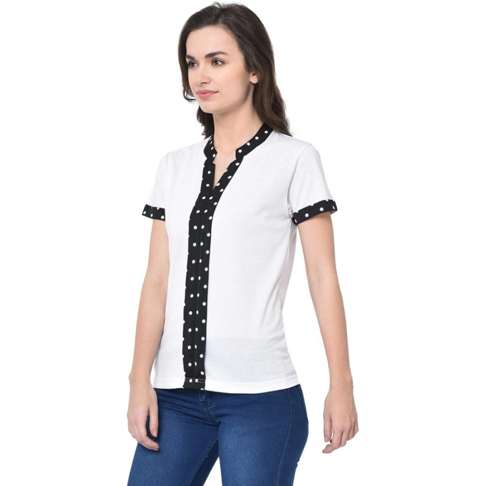 Cotton Blend Solid Regular Sleeves V-Neck Regular Top (White)