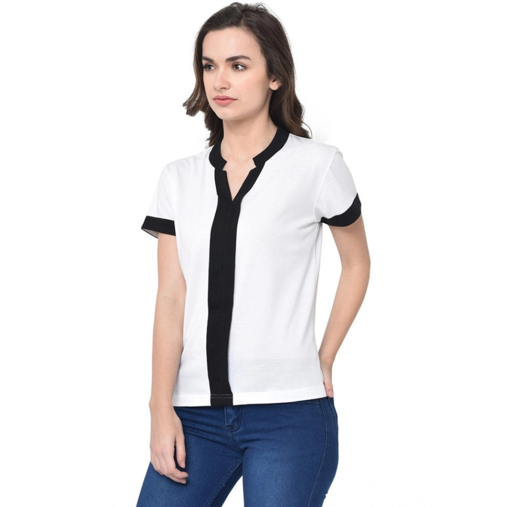 Cotton Blend Solid Regular Sleeves V-Neck Regular Top (White)