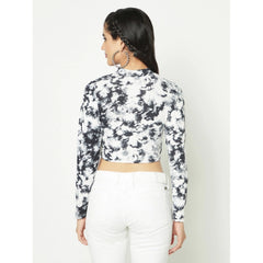 Polyester Self Design Regular Sleeves Round Neck Crop Top (White-Black)