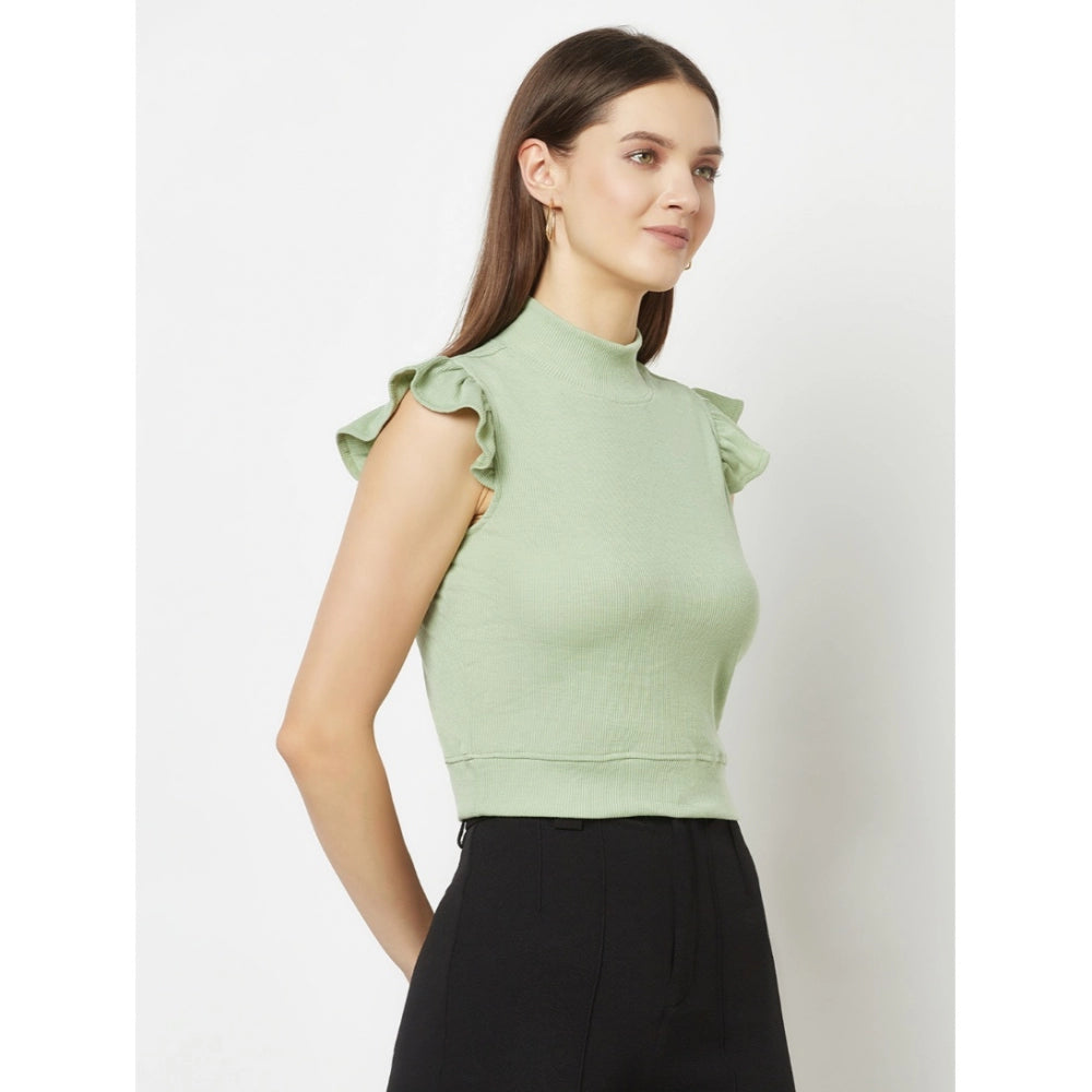 Cotton Blend Self Design Puff Sleeves High Neck Regular Top (Light-Green)