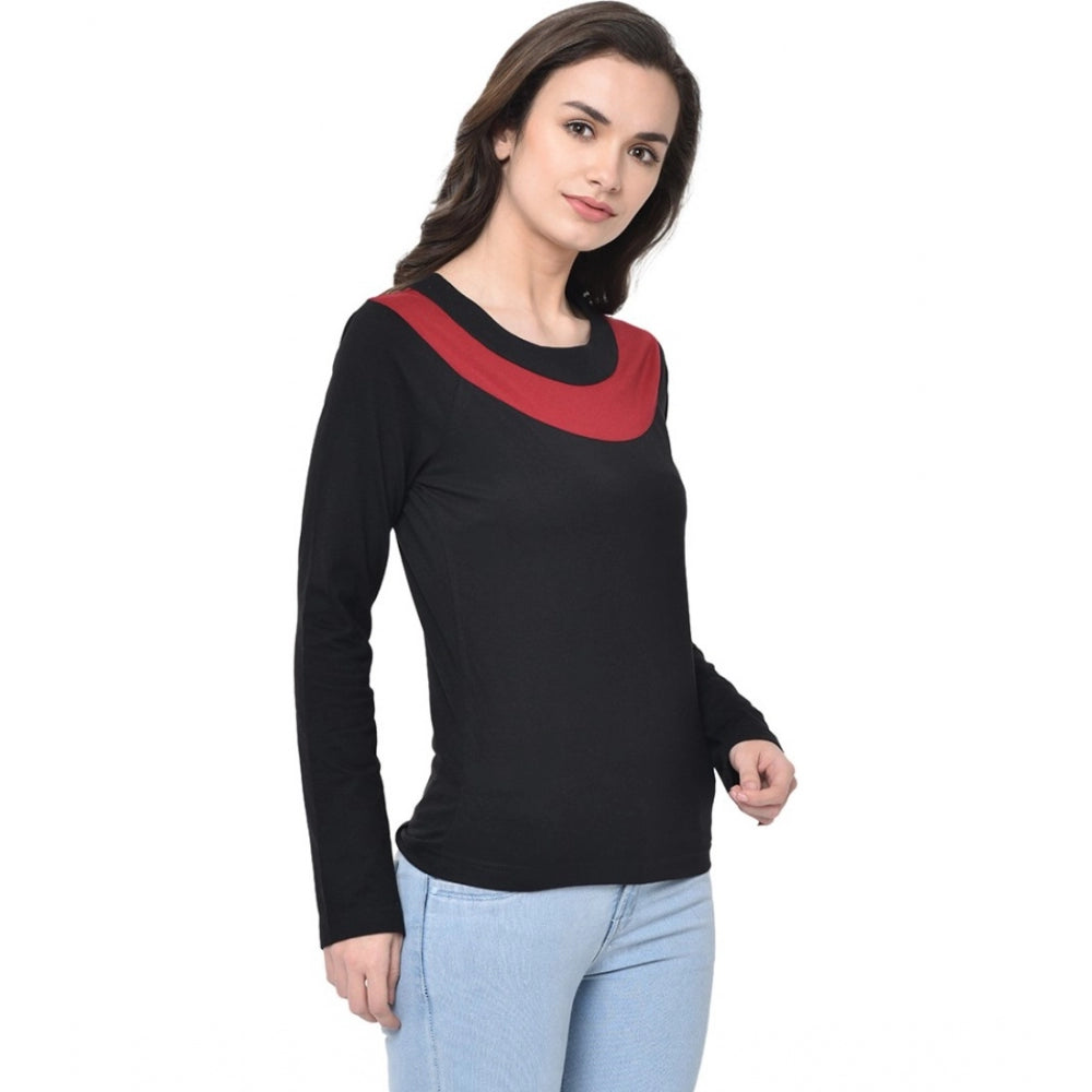 Cotton Blend Solid Regular Sleeves Round Neck Regular Top (Black)