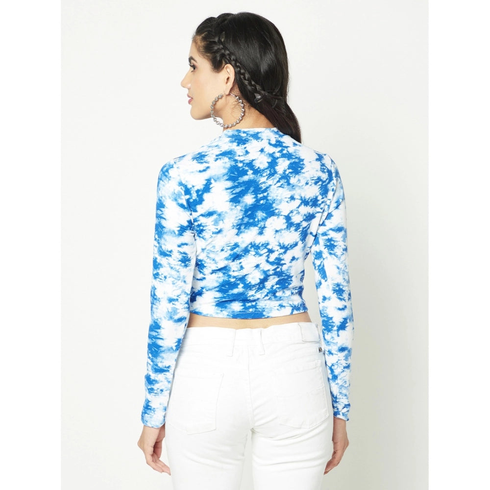 Polyester Self Design Regular Sleeves Round Neck Crop Top (White-Blue)