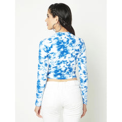 Polyester Self Design Regular Sleeves Round Neck Crop Top (White-Blue)