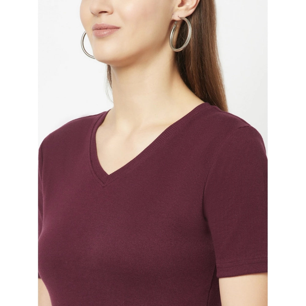 Cotton Blend Solid Regular Sleeves V-Neck Regular Top (Maroon)