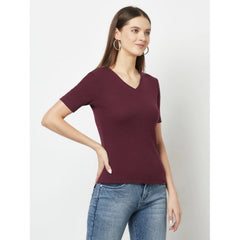 Cotton Blend Solid Regular Sleeves V-Neck Regular Top (Maroon)