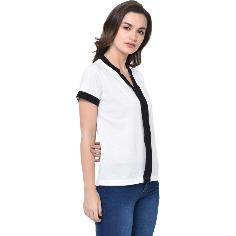 Cotton Blend Solid Regular Sleeves V-Neck Regular Top (White)