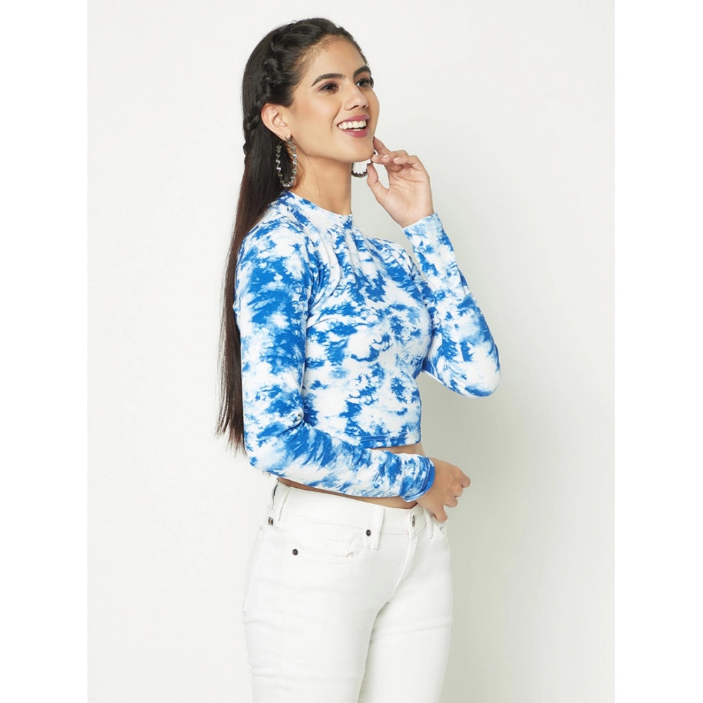 Polyester Self Design Regular Sleeves Round Neck Crop Top (White-Blue)