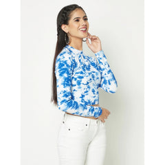 Polyester Self Design Regular Sleeves Round Neck Crop Top (White-Blue)