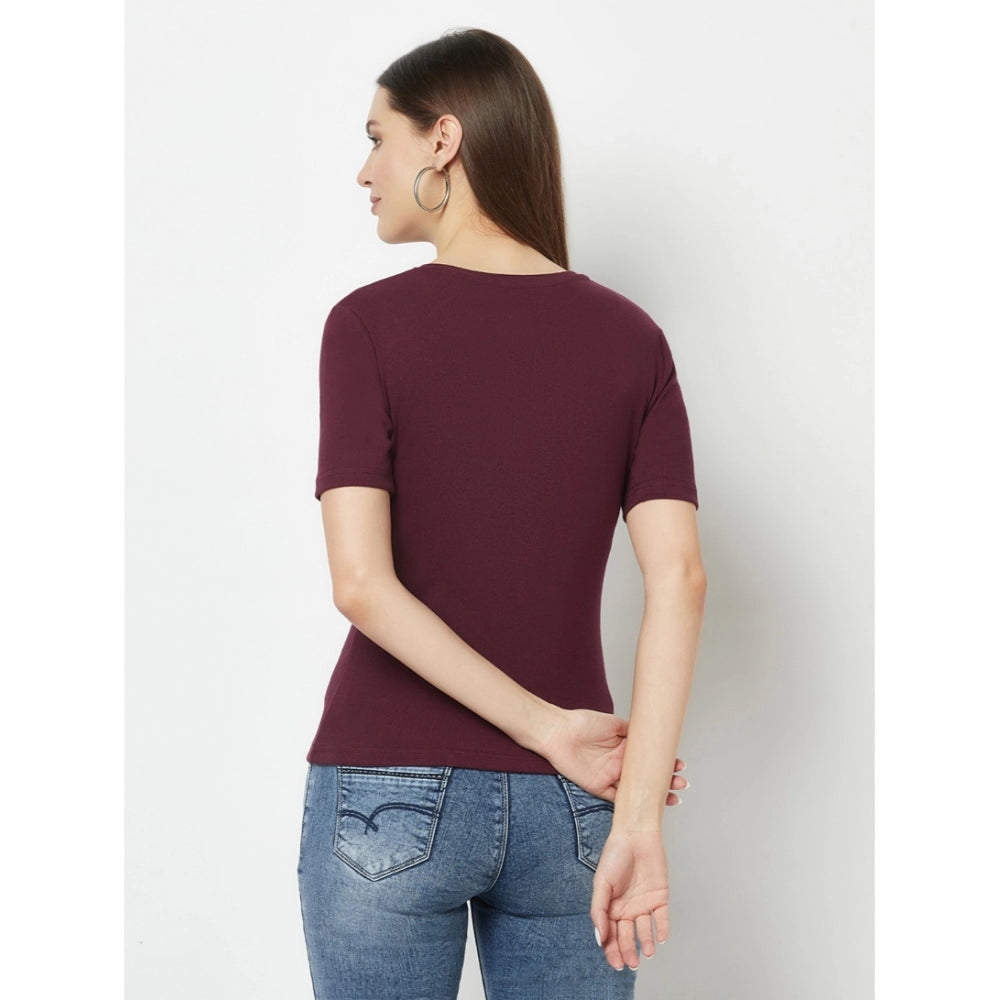 Cotton Blend Solid Regular Sleeves V-Neck Regular Top (Maroon)