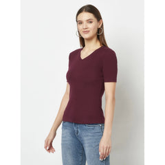 Cotton Blend Solid Regular Sleeves V-Neck Regular Top (Maroon)