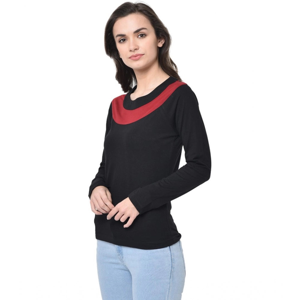 Cotton Blend Solid Regular Sleeves Round Neck Regular Top (Black)