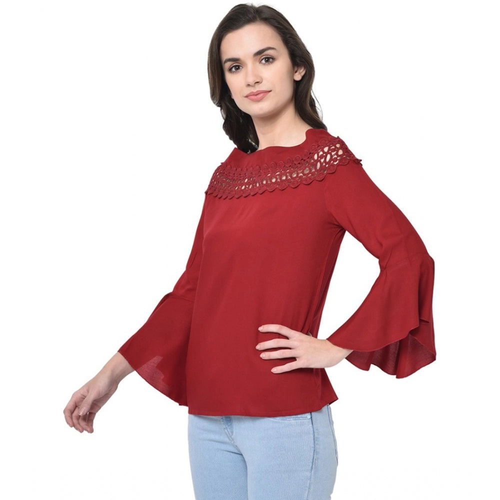 Cotton Blend Solid Regular Sleeves Round Neck Regular Top (Maroon)