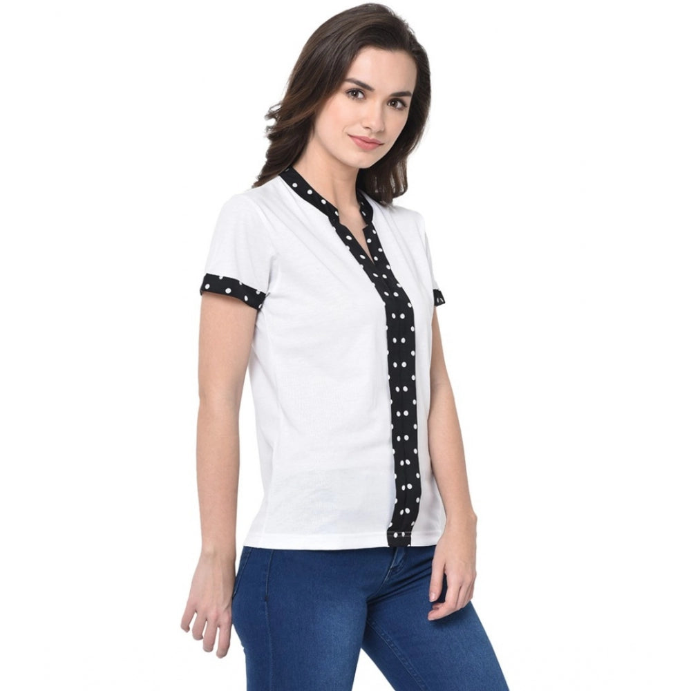 Cotton Blend Solid Regular Sleeves V-Neck Regular Top (White)